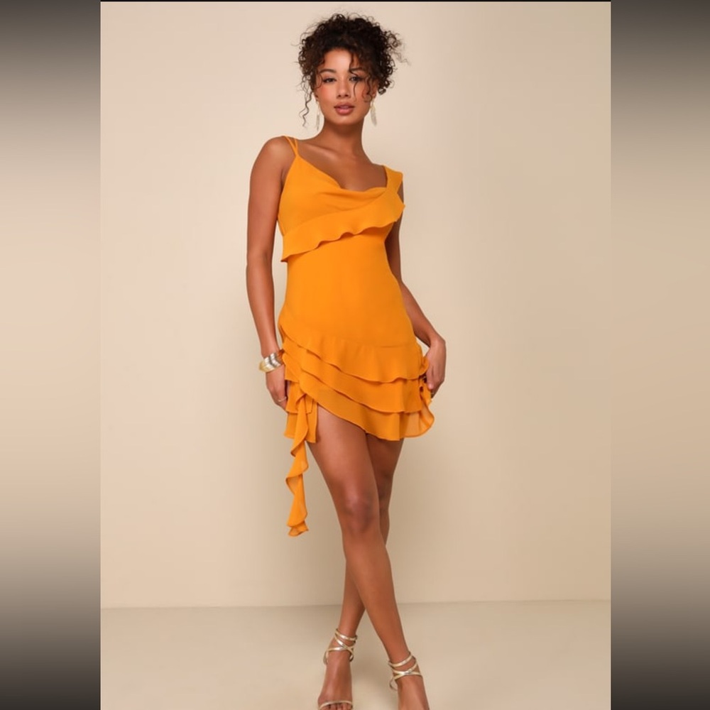 Golden Yellow Ruffled Tiered Mini Dress NWT